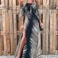Off Shoulder Smoked Cutout Leaf Print Slit Dress