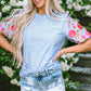 Light Blue Gingham Floral Embroidered Puff Sleeve Blouse