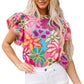 Multicolor Vibrant Floral Print Trimmed Ruffle Sleeve Blouse