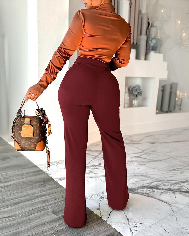 Metal Button Decor High Waist Pants Casual Slim Fit Strechy Business Pants