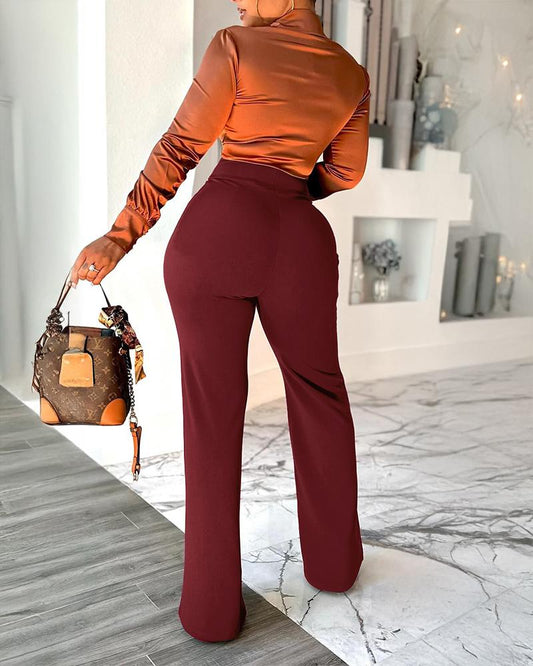 Metal Button Decor High Waist Pants Casual Slim Fit Strechy Business Pants