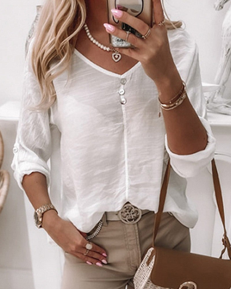 Contrast Lace Button Decor V Neck Top