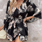 Leaf Print Button Front Drawstring Casual Dress