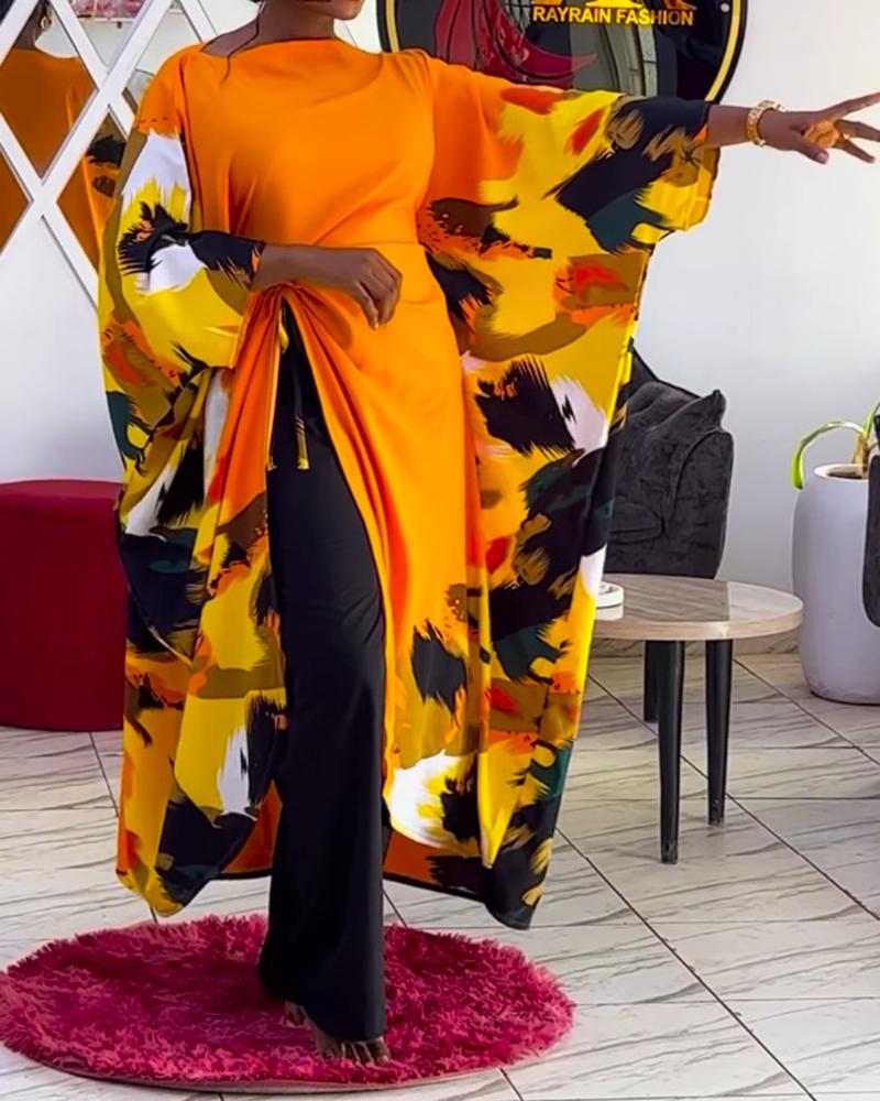 Abstract Print Boat Neck Batwing Sleeve Asymmetrical Slit Dress