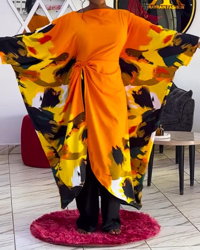 Abstract Print Boat Neck Batwing Sleeve Asymmetrical Slit Dress