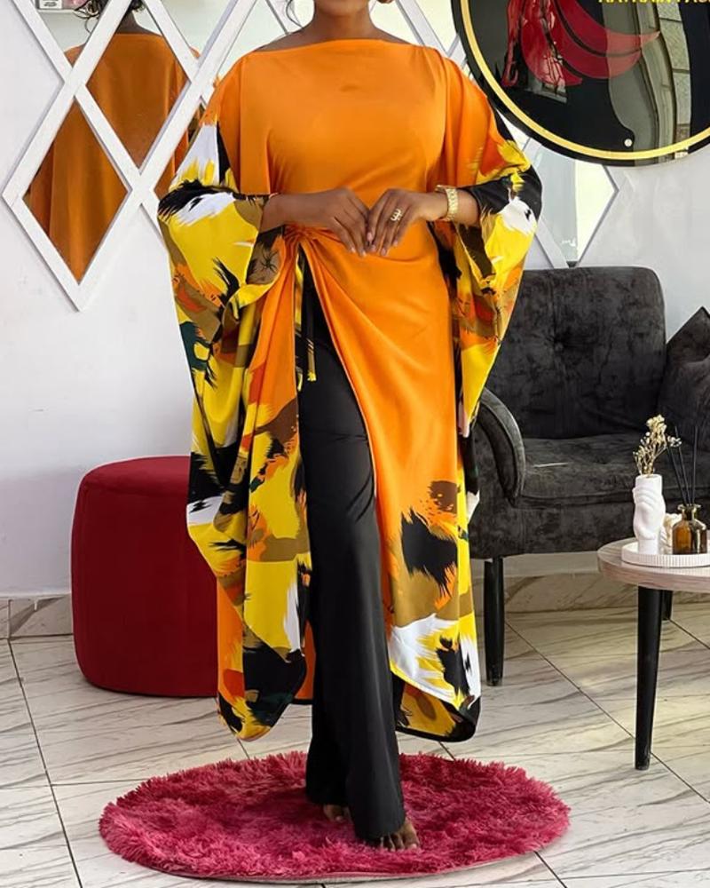 Abstract Print Boat Neck Batwing Sleeve Asymmetrical Slit Dress