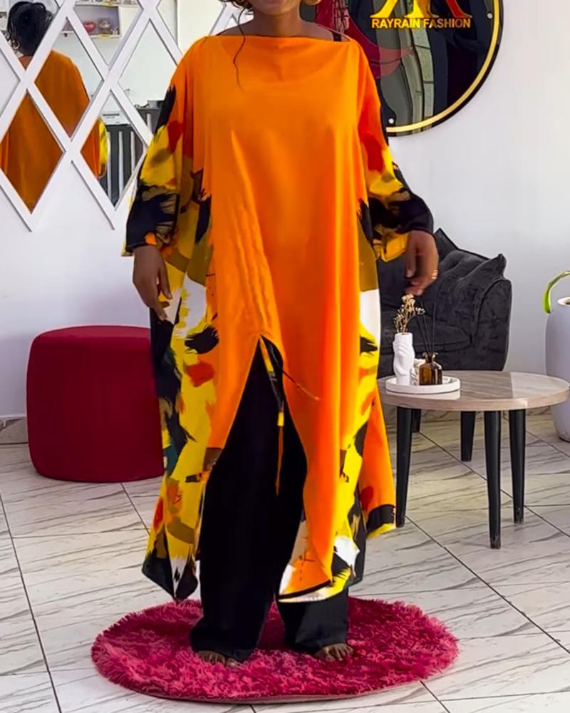 Abstract Print Boat Neck Batwing Sleeve Asymmetrical Slit Dress