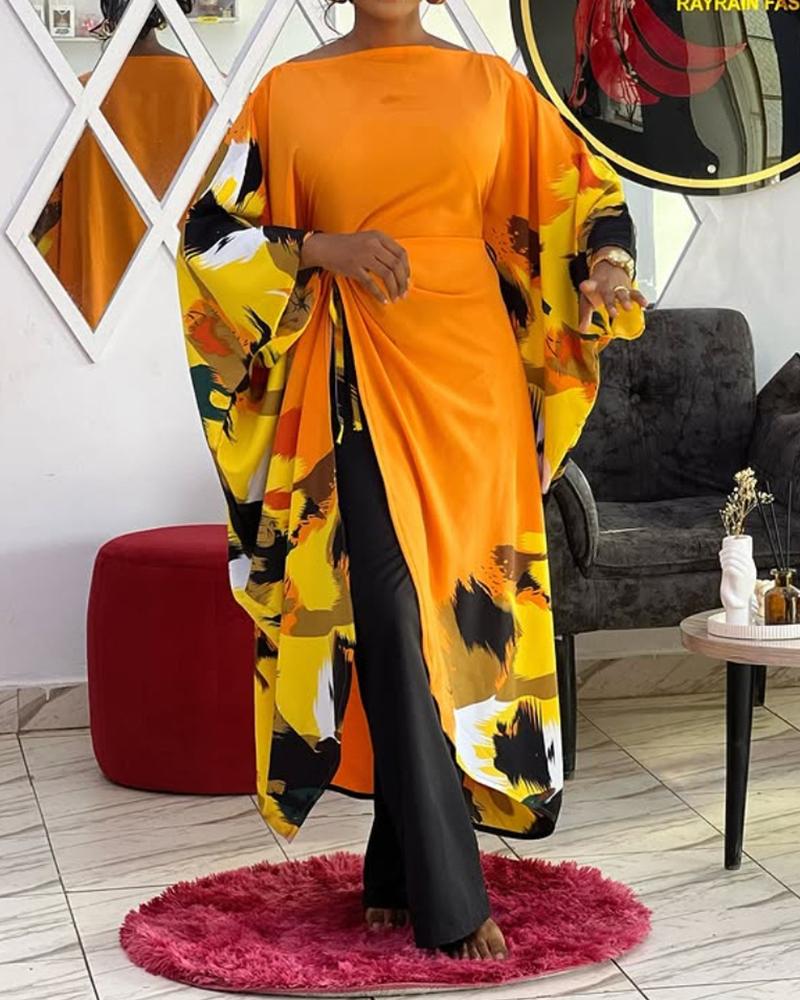 Abstract Print Boat Neck Batwing Sleeve Asymmetrical Slit Dress
