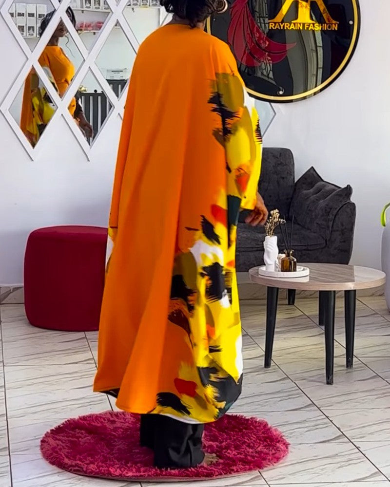 Abstract Print Boat Neck Batwing Sleeve Asymmetrical Slit Dress