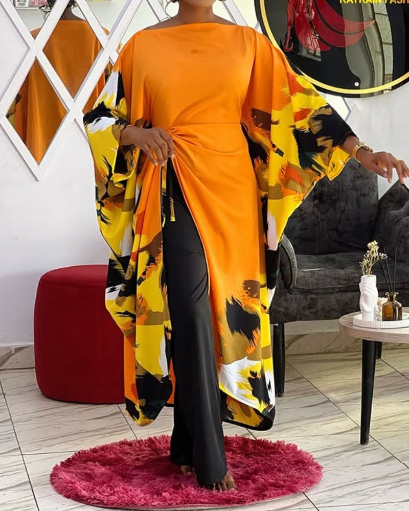 Abstract Print Boat Neck Batwing Sleeve Asymmetrical Slit Dress