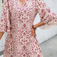 Pink Paisley Print Tiered 3/4 Sleeve Notched Neck Mini Dress