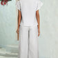 Gray Stripe Zipped up Collar Ruffled Sleeve Tee and Wide Leg Pants 2pcs Outfit