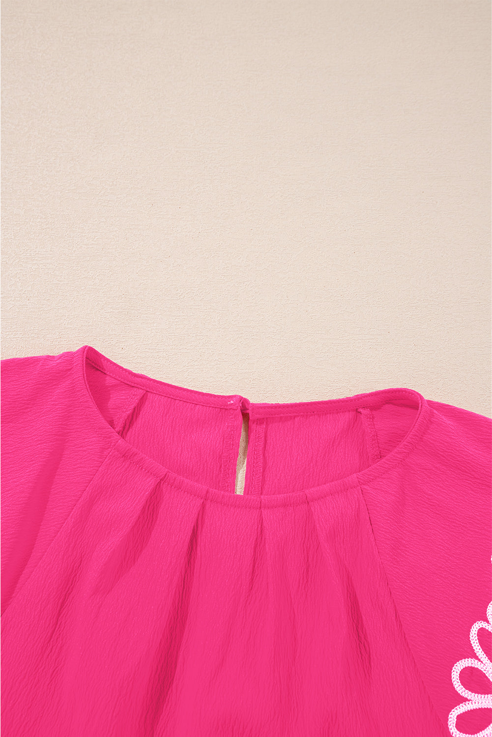 Sachet Pink Floral Embroidered Flutter Sleeve Pleated Neck Blouse
