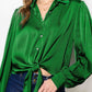 Dark Green Solid Color Flowy Balloon Sleeve Tie Front Buttoned Shirt