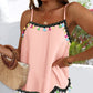 Square Neck Spaghetti Strap Colorful Tassel Decor Tank Casual Loose Fit Top