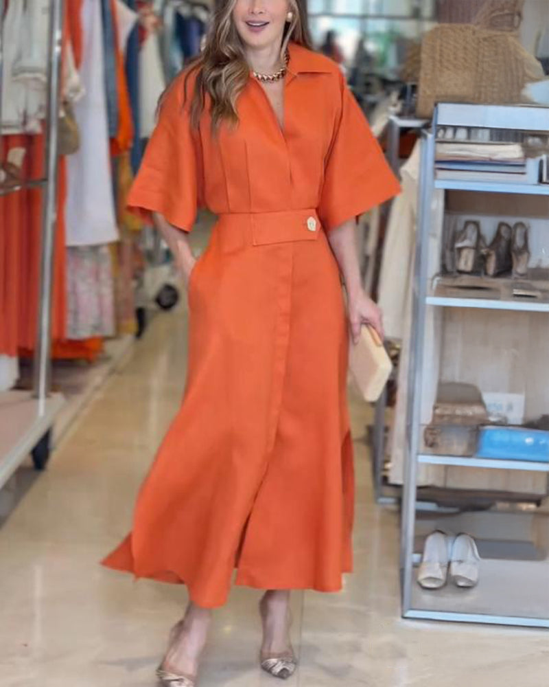 Turn down Collar Half Sleeve Maxi Dress Casual Waisted Slit Shirt Dress