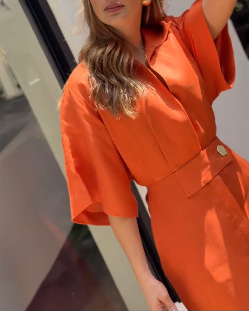 Turn down Collar Half Sleeve Maxi Dress Casual Waisted Slit Shirt Dress