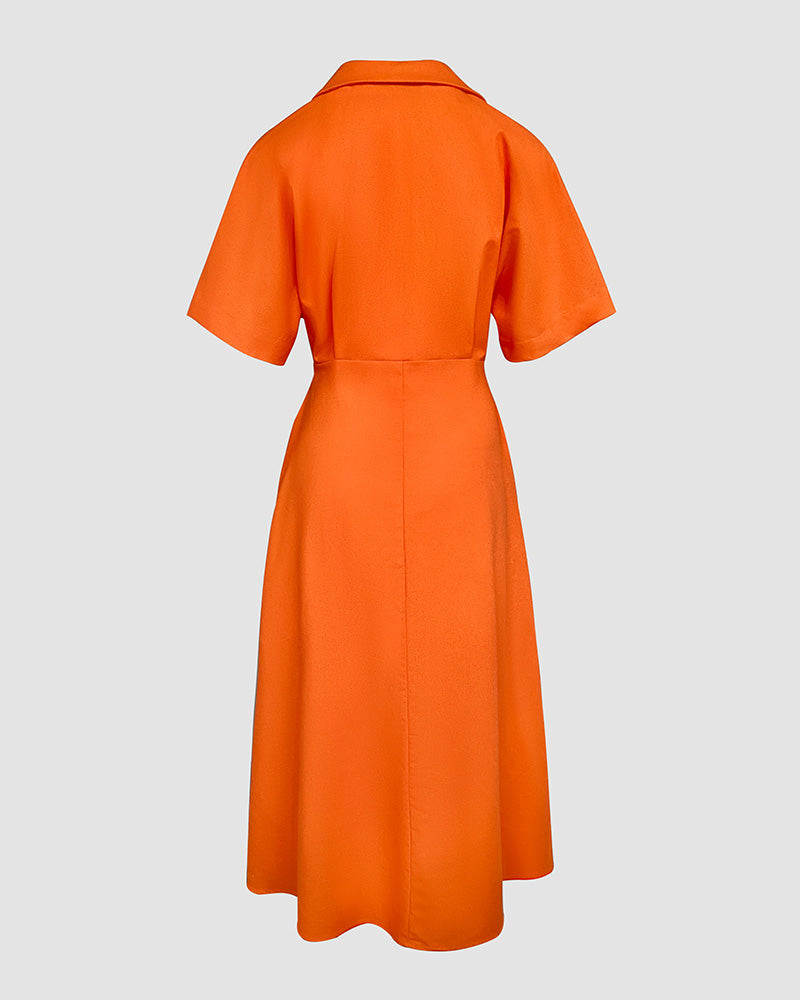 Turn down Collar Half Sleeve Maxi Dress Casual Waisted Slit Shirt Dress