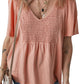 Fushia Smocked Front V Neck Pleated Babydoll Short Sleeve Top