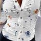 Floral Print Turn down Collar Long Sleeve Metal Button Front Blouse Ruched Slim Fit Top