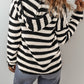 White Stripe V Neck Pocketed Drawstring Hooded Sweater