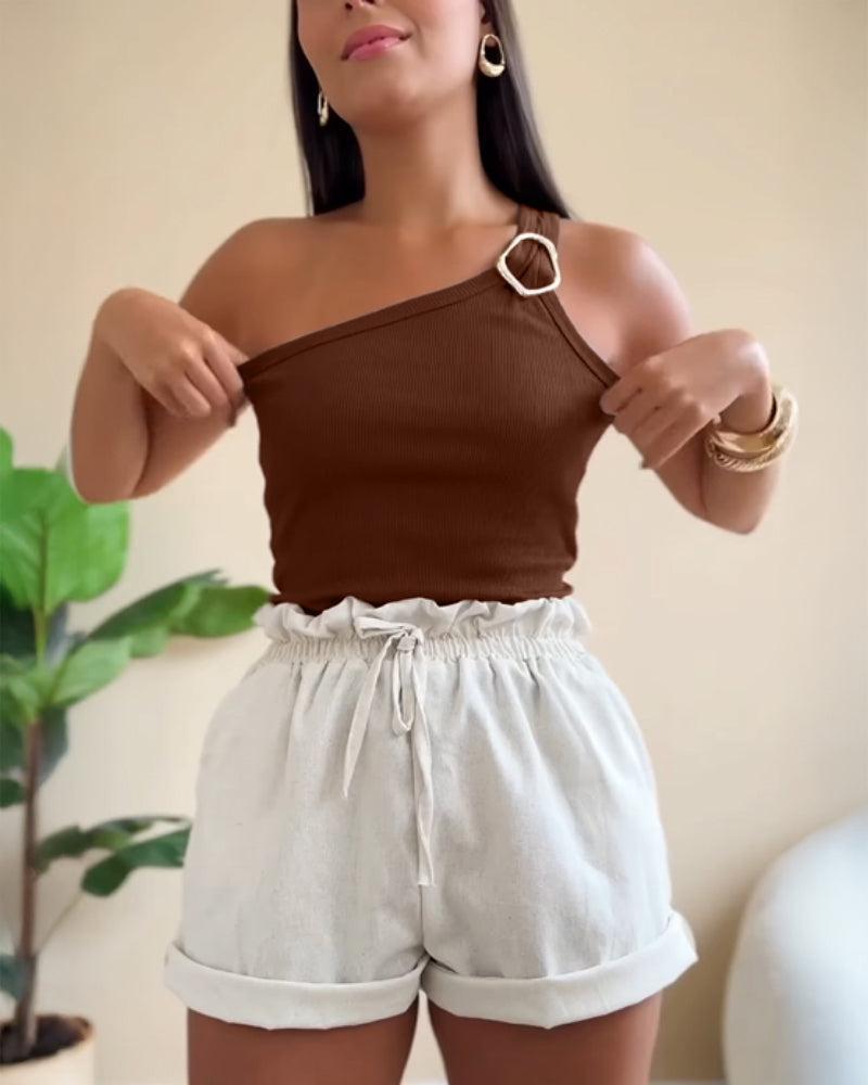 One Shoulder Goldren Decor Casual Slim Fit Ribbed Top