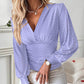 V Neck Eyelet Hollow out Ruched Lantern Sleeve Tee Casual Top