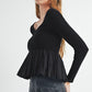 Black Ribbed Knit Long Sleeve Scoop Neck Peplum Patchwork Top