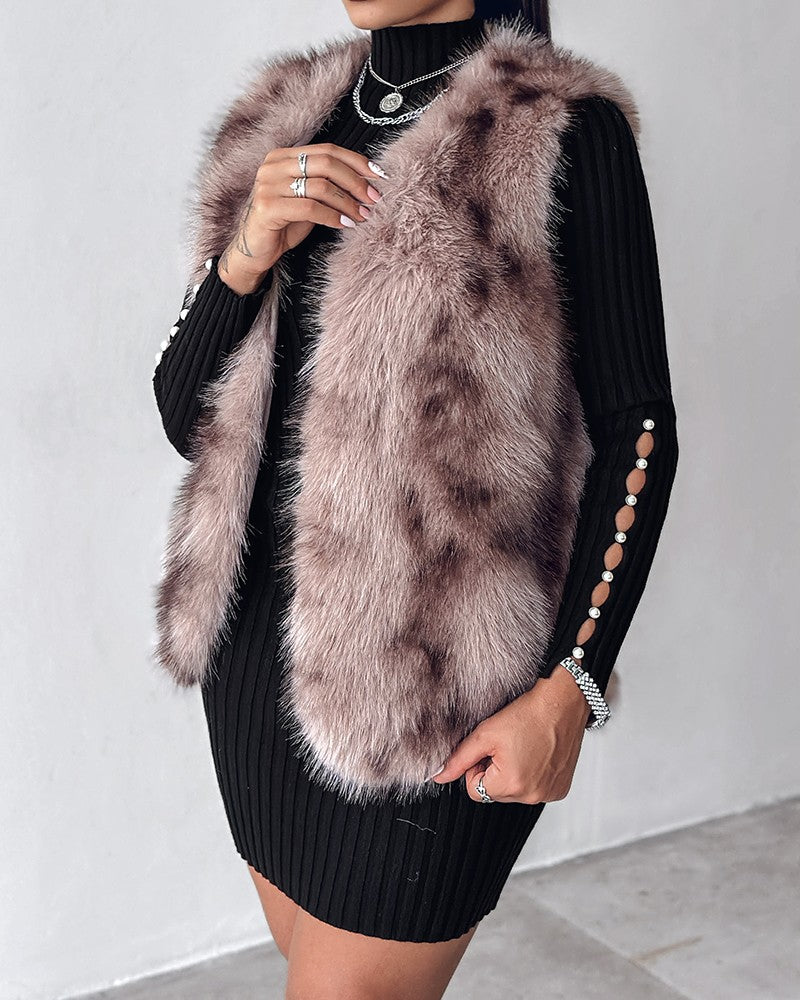 Tie Dye Pattern Open Front Fluffy Vest Coat