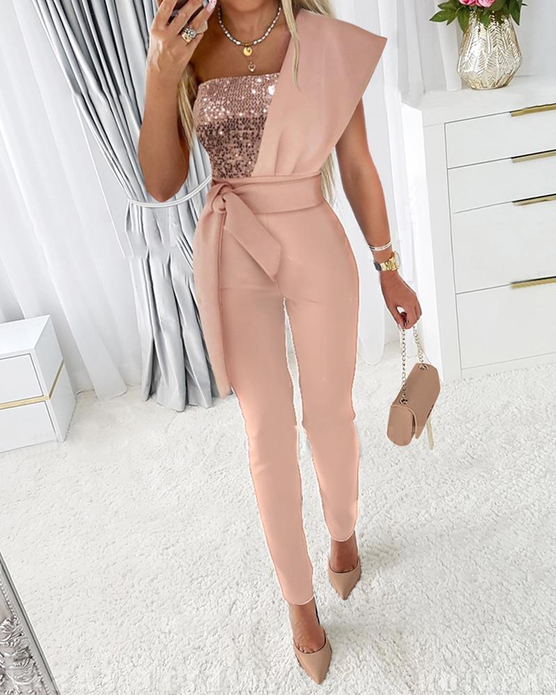 Contrast Sequin One Shoulder Jumpsuit