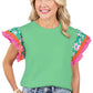 Light Green Contrast Ricrac Floral Sleeve Top