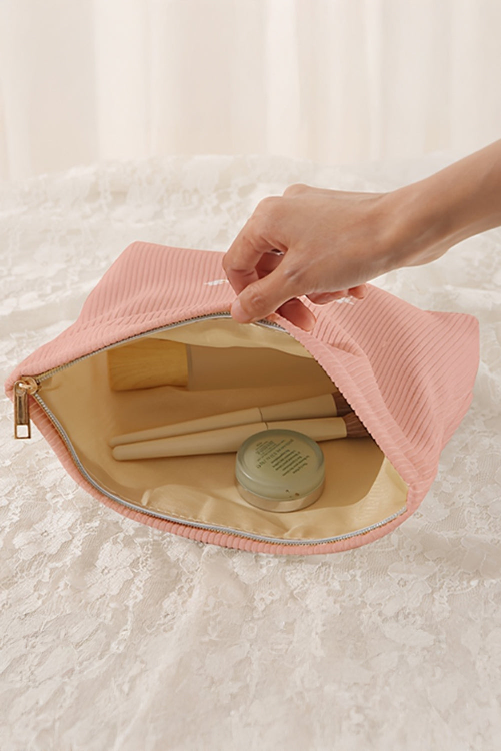 Peach Blossom Flower Print Textured Corduroy Large Cosmetic Bag