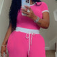Contrast Binding Round Neck Top & Drawstring Straight Leg Pants Set