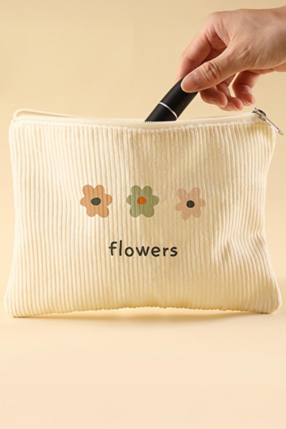 White Flower Print Corduroy Big Cosmetic Bag