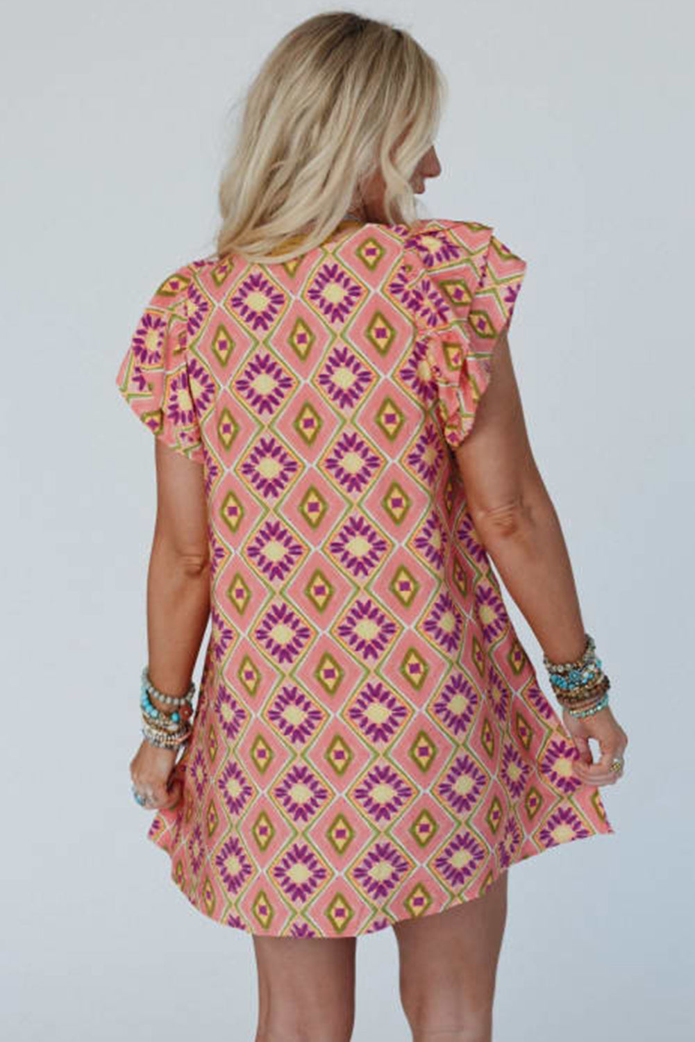 Orange Geometric Floral V Neck Buttoned Ruffled Sleeve Mini Dress