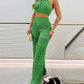 2 Pieces Halter Sleeveless Crop Top and Casual Hollow out Loose Fit Pants Set