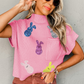 Pink Sequin Bunny Doll Graphic Ribbed High Neck Short Sleeve Sweater