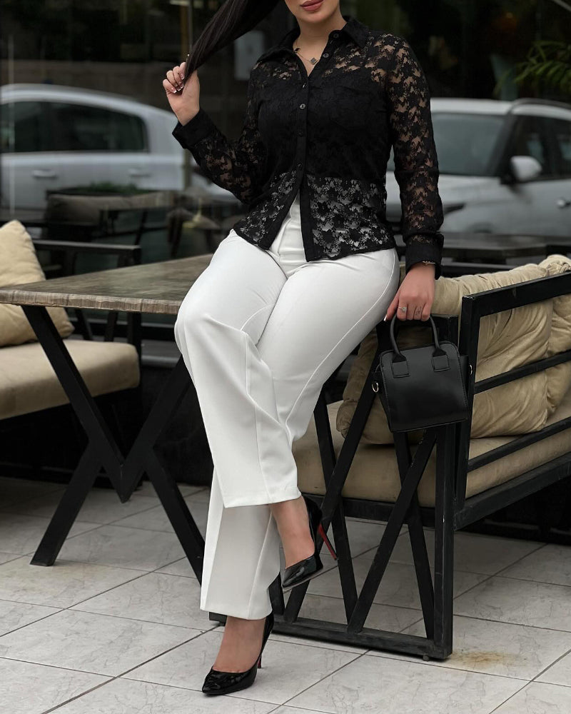 Turn down Collar Button Front Pocket Design Floral Lace Shirt Casual Lightweight Breathable Sheer Top