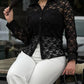 Turn down Collar Button Front Pocket Design Floral Lace Shirt Casual Lightweight Breathable Sheer Top