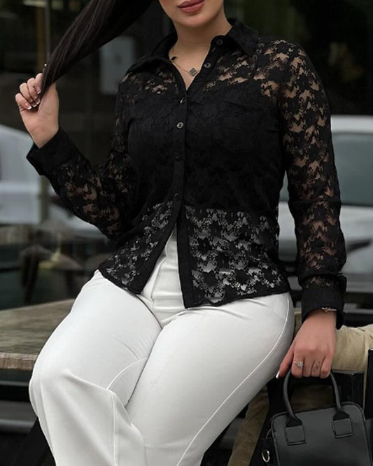 Turn down Collar Button Front Pocket Design Floral Lace Shirt Casual Lightweight Breathable Sheer Top