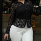 Turn down Collar Button Front Pocket Design Floral Lace Shirt Casual Lightweight Breathable Sheer Top