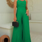 Pleated V Neck Spaghetti Strap Waist Jumpsuit Casual Wide Leg Flared Romper