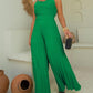 Pleated V Neck Spaghetti Strap Waist Jumpsuit Casual Wide Leg Flared Romper
