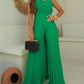 Pleated V Neck Spaghetti Strap Waist Jumpsuit Casual Wide Leg Flared Romper