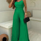 Pleated V Neck Spaghetti Strap Waist Jumpsuit Casual Wide Leg Flared Romper