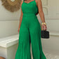 Pleated V Neck Spaghetti Strap Waist Jumpsuit Casual Wide Leg Flared Romper