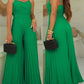 Pleated V Neck Spaghetti Strap Waist Jumpsuit Casual Wide Leg Flared Romper