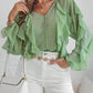V Neck Shoulder Asymmetrical Ruffles Blouse Casual Button Front Long Sleeve Top