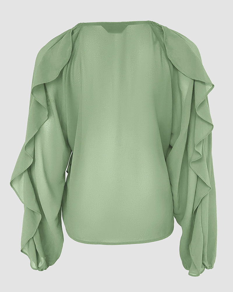 V Neck Shoulder Asymmetrical Ruffles Blouse Casual Button Front Long Sleeve Top