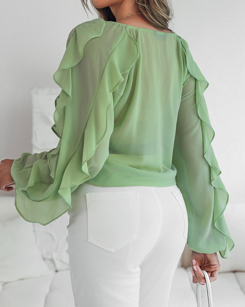 V Neck Shoulder Asymmetrical Ruffles Blouse Casual Button Front Long Sleeve Top